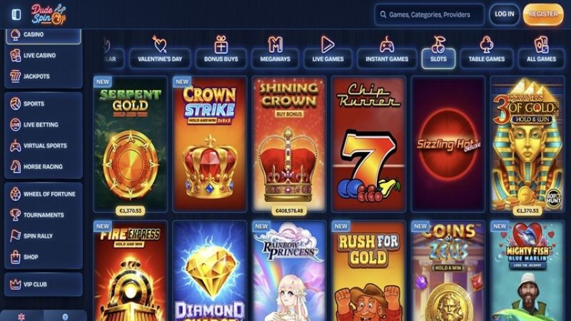DudeSpin Casino game lobby for NZ players